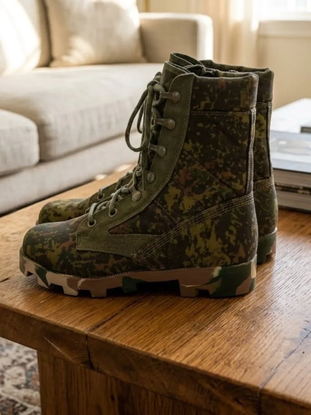 Military Tactical Boots for Work, Green Camo Lace-Up for Men